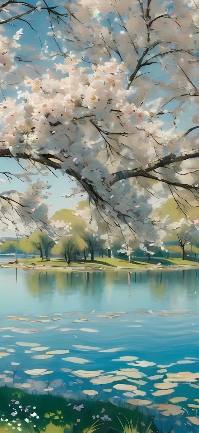 唯美湖边樱花树
