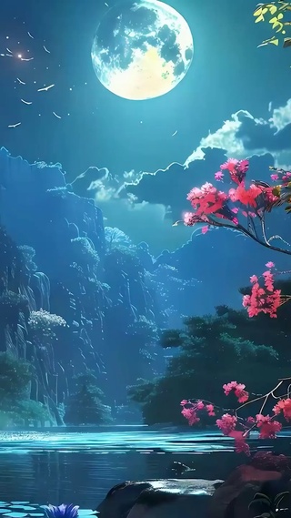 夜景树木河流