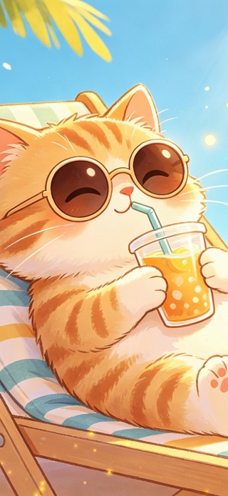 花漾壁纸|海边躺椅上的墨镜猫咪