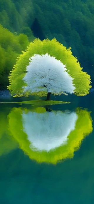 梦幻湖景~同心生长撞色樱花树~