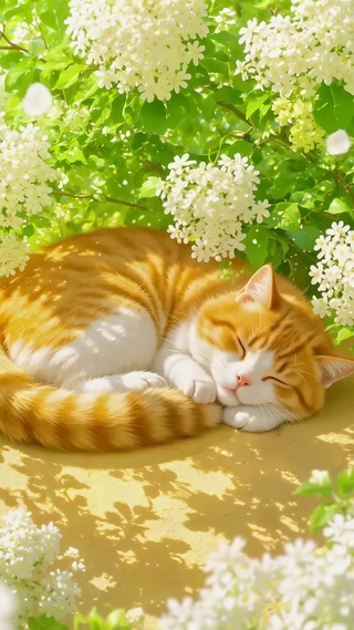 暖阳花丛下熟睡的橘猫