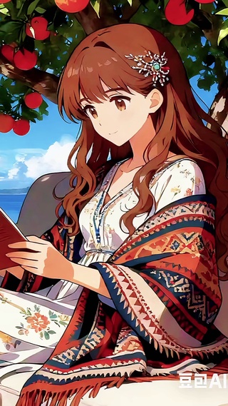 海边晨读的少女