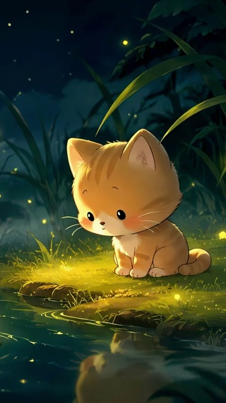 月夜荷塘边的小橘猫