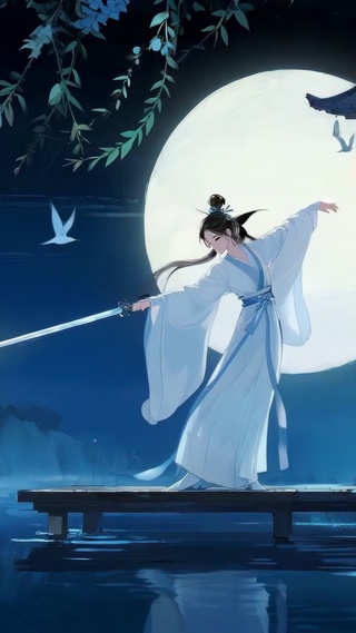 月夜水榭持剑古风女孩