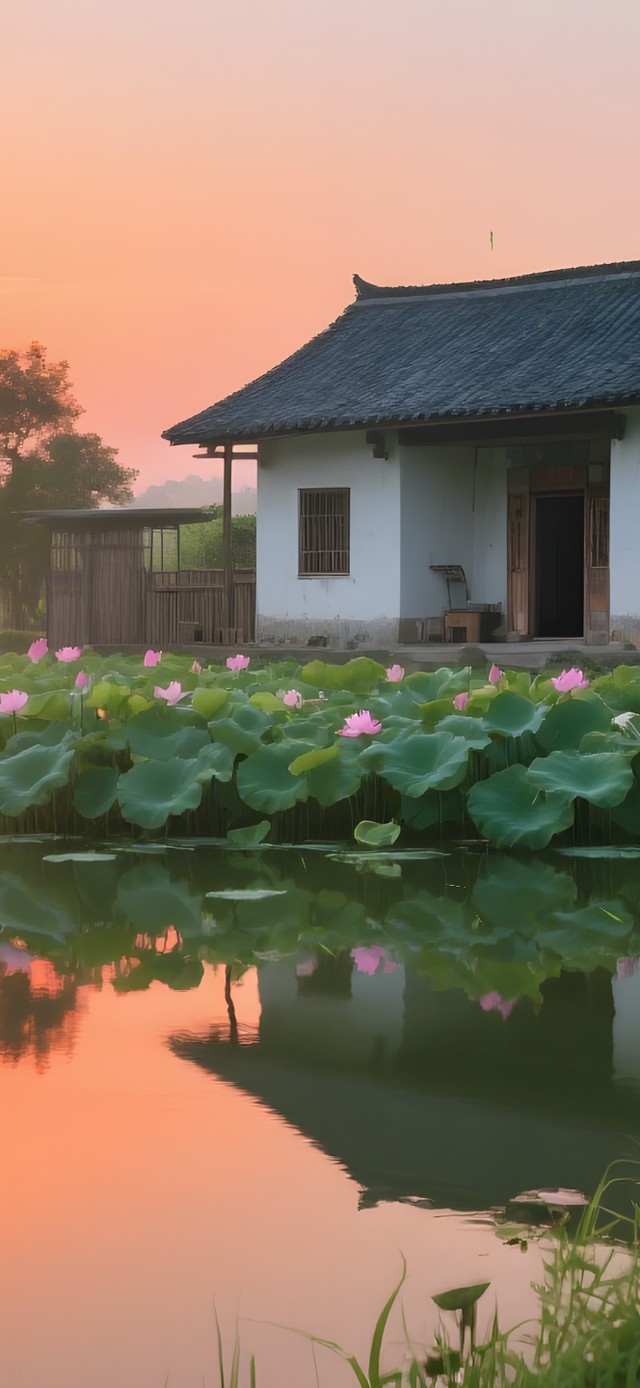 黄昏屋前荷花池