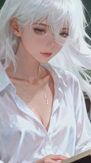 公园雨幕银发白衫女孩阅读意境