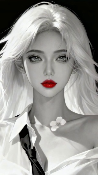 黑白调白发红妆美女