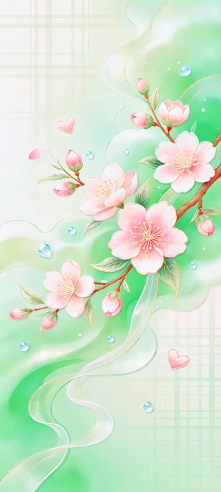 全屏薄荷绿柔雾桃花治愈插画