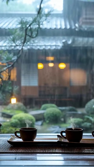江南雨天庭院