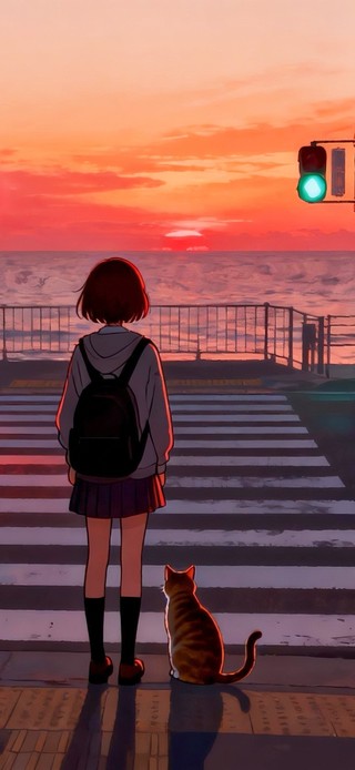 海边看日落的猫咪与少女