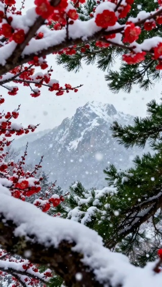 《雪梅映山，岁寒呈瑞》
