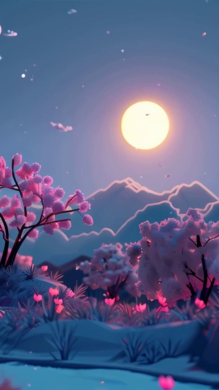 夜景树木河流夜色