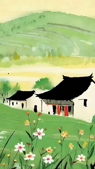 古风夕阳树木