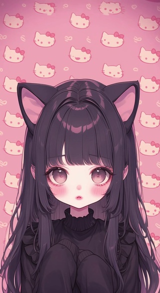 可爱猫咪女孩hello粉色背景