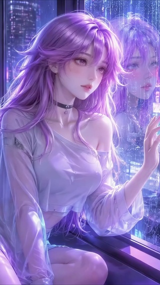 紫发赛博未来都市美少女