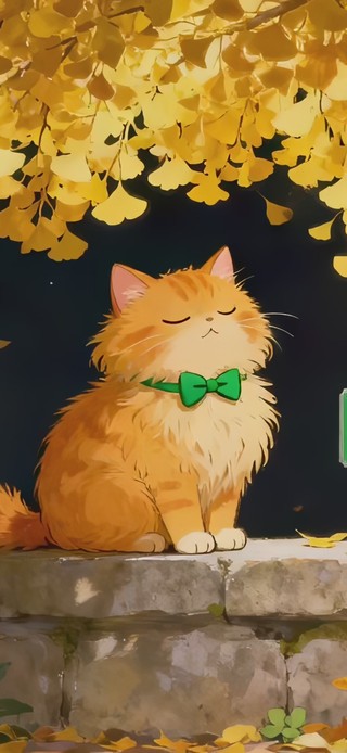 可爱治愈银杏树下猫咪