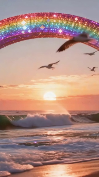 海边日落梦幻彩虹拱门