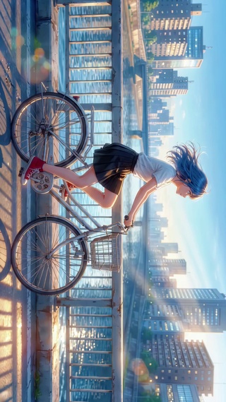河畔骑行的少女