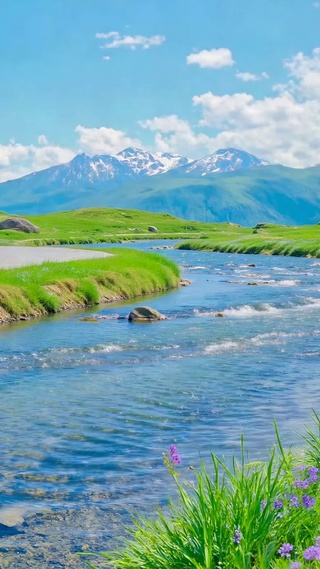 清新蓝河草甸治愈风景