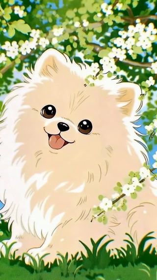 樱花树下可爱博美犬