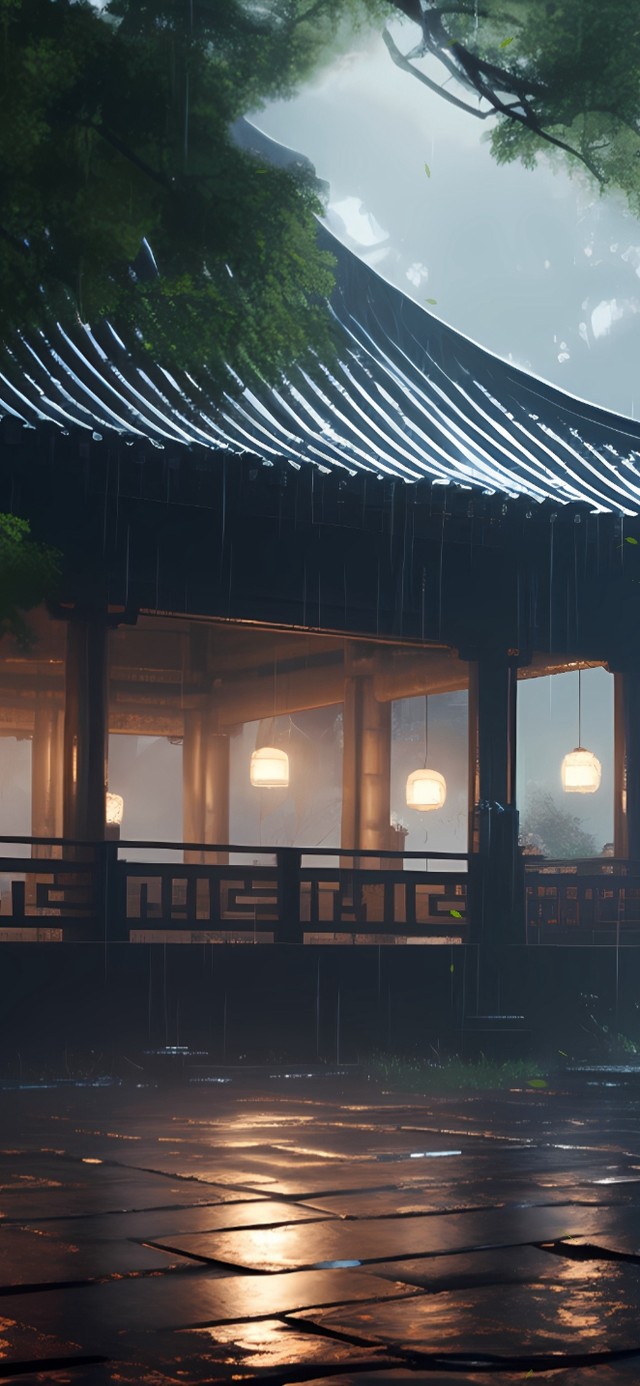 4K雨中庭院夜晚