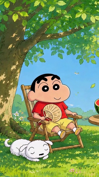 夏日树荫下悠闲的蜡笔小新