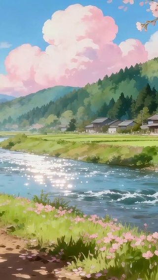 唯美治愈樱花树木房屋河流