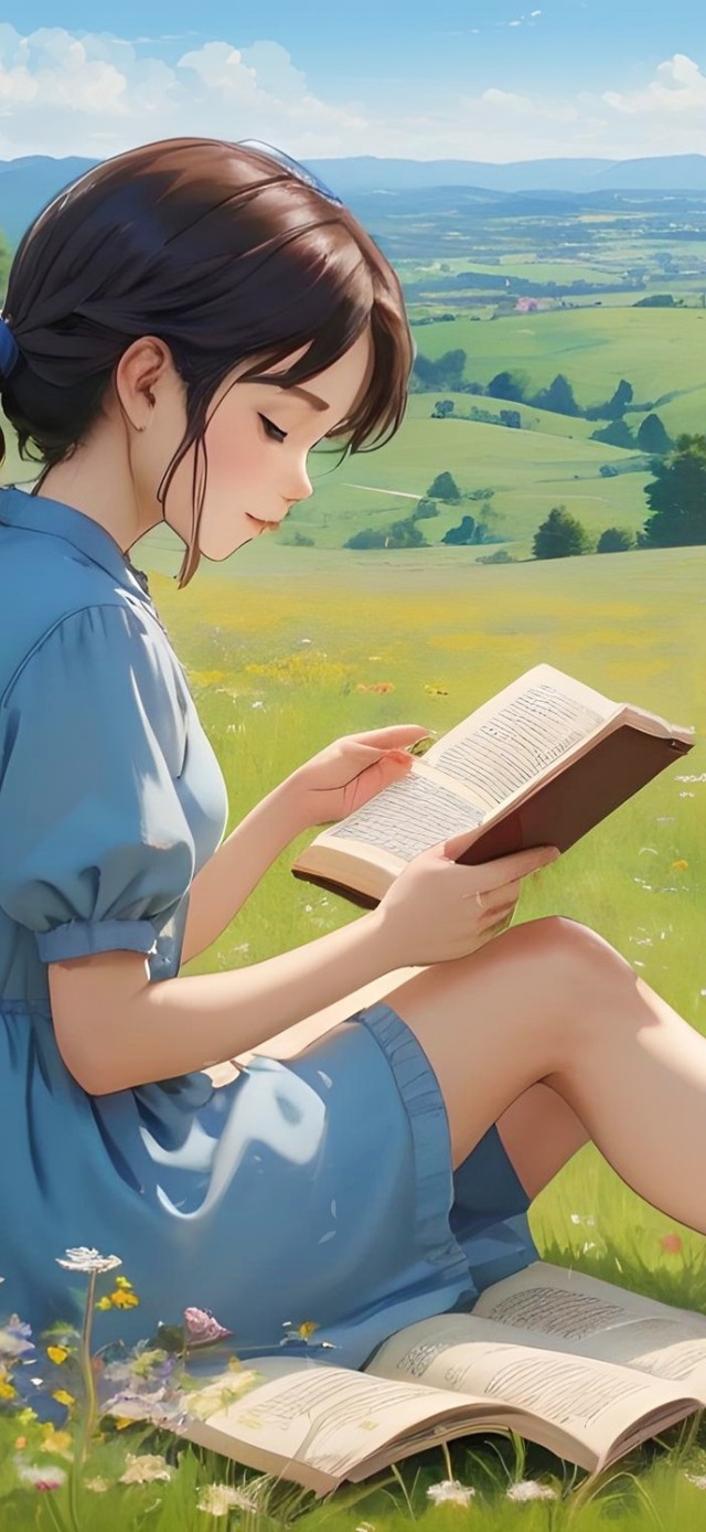 草地上看书的女孩