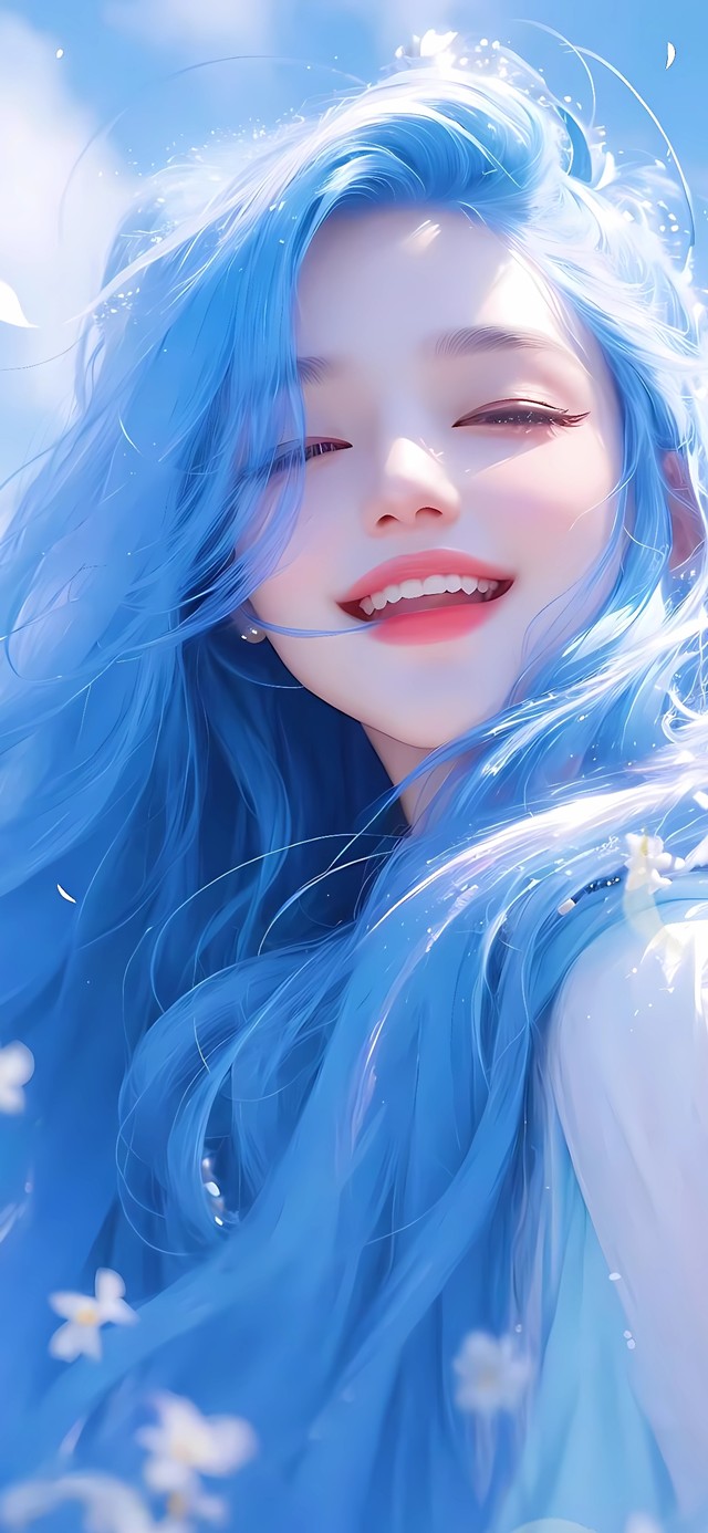 笑容灿烂阳光美丽的蓝色长发女孩