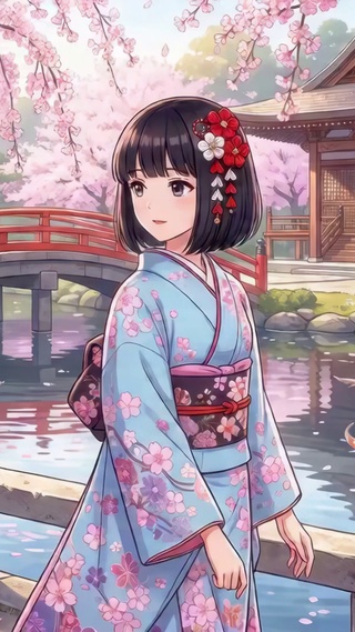 樱花树下的和服少女