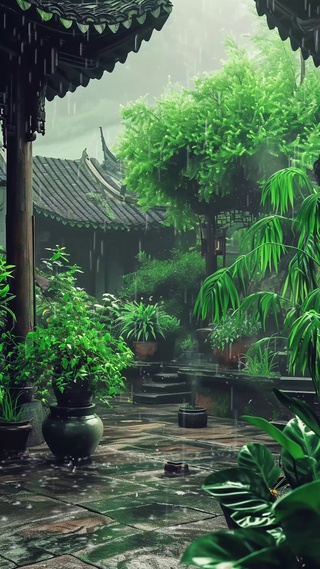 园林庭院雨景