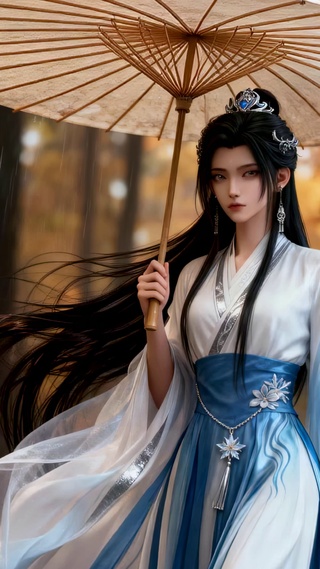 秋林雨幕下的佳人