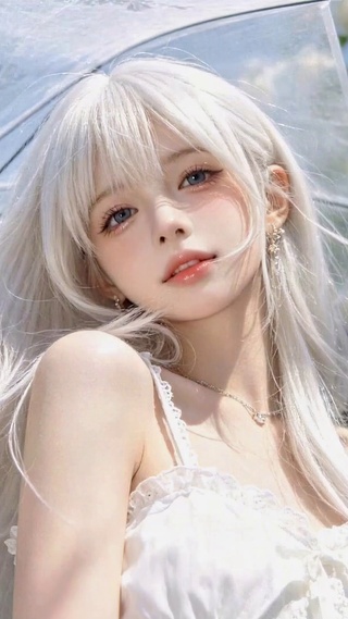 白玫瑰花丛银发清纯美少女