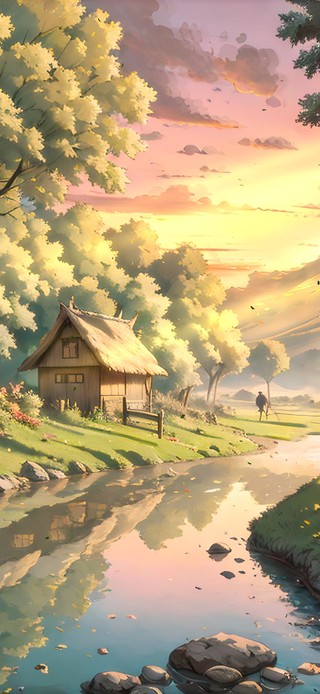 傍晚夕阳下的乡村溪边小屋