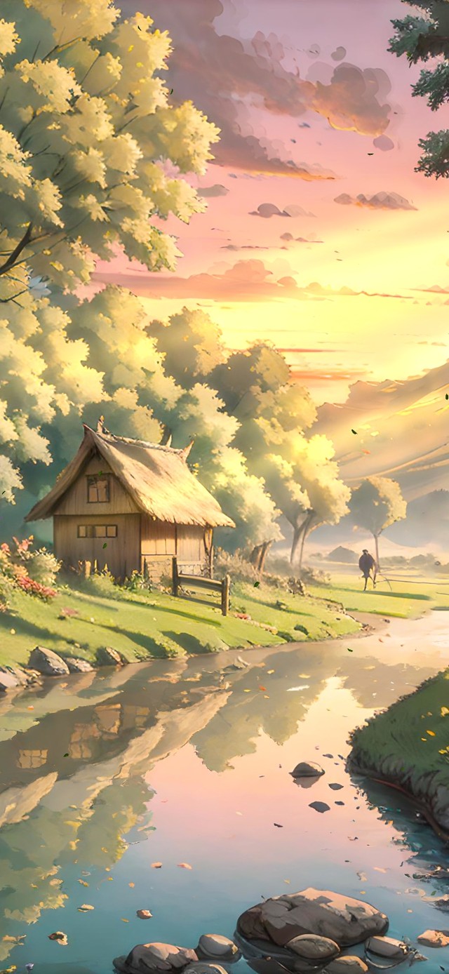 傍晚夕阳下的乡村溪边小屋