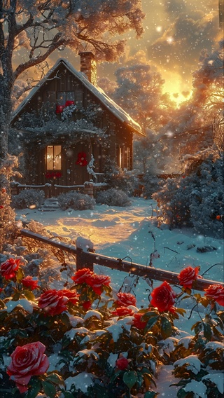 雪地玫瑰与小屋