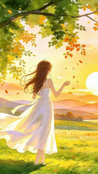 白裙少女眺望夕阳
