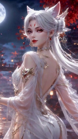 红枫月夜古风狐耳美少女