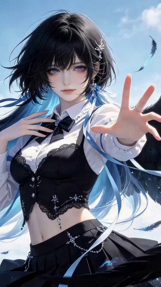 黑翼蓝发二次元美少女