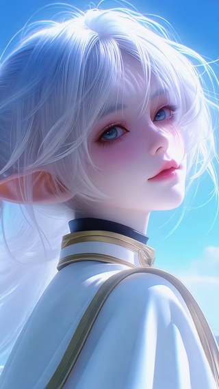 晴空下的银发精灵美少女