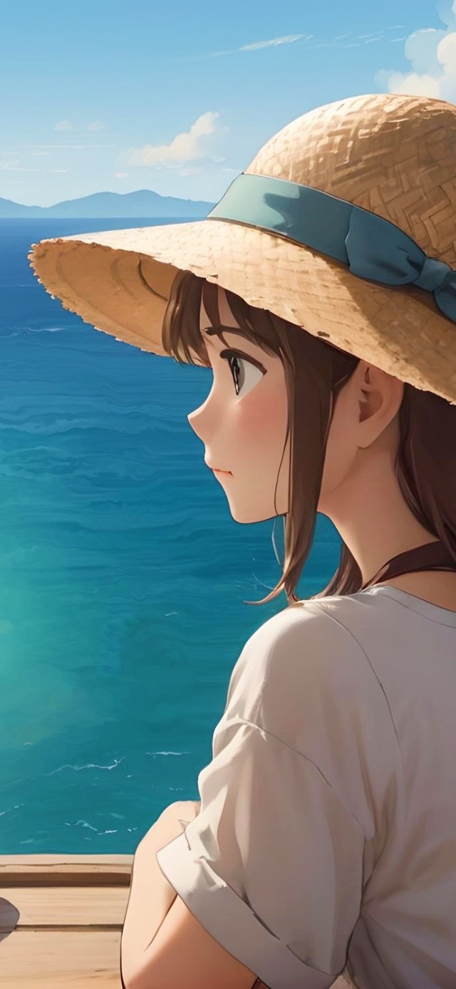海边喝咖啡的少女