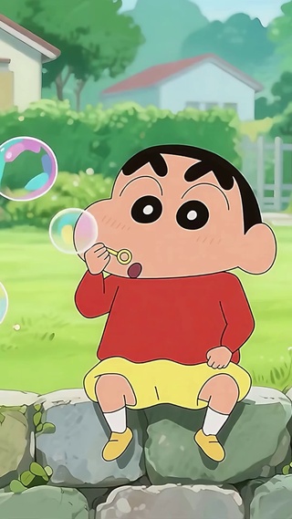 可爱小新庭院吹泡泡