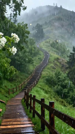 雨天树木栈道