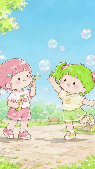 春日公园玩泡泡的可爱小女孩