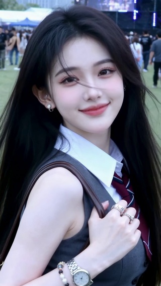 户外音乐节清新长发美女