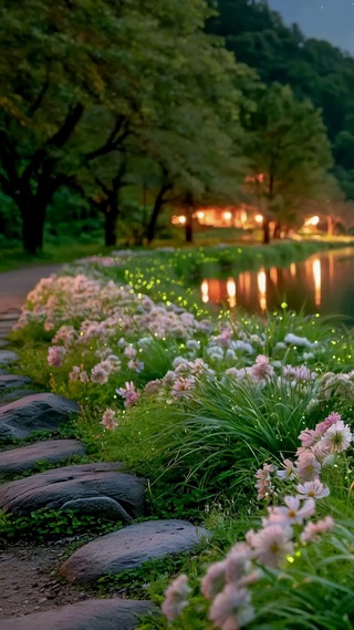 月夜河畔花海星空治愈美景