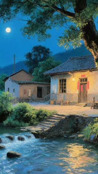 月夜乡村小屋
