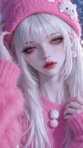 冬日车站粉色软萌美女