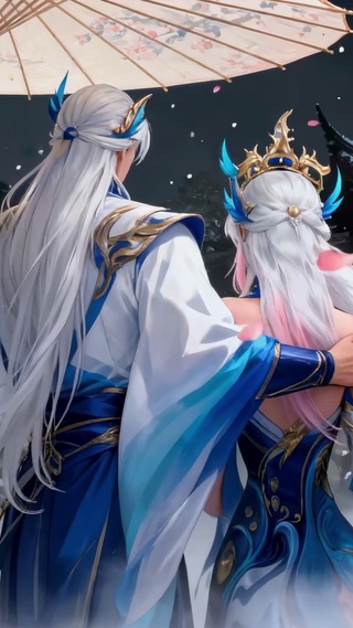 古风雪中情侣共撑油纸伞