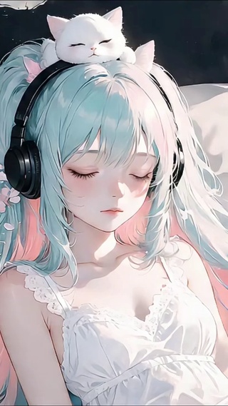 青发少女和闭目养神的白猫